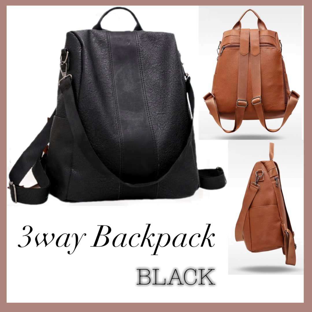 ブラック　大容量 カジュアル 3way バックパック レザー リュック 男女兼用 レディースのバッグ(リュック/バックパック)の商品写真