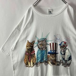 USA製　キャット　プリントTシャツ にゃんこ　両面プリント　ホワイト　古着(Tシャツ/カットソー(半袖/袖なし))