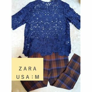 ザラ(ZARA)の★ 美品 ★ ZARA ザラ ★ レーストップス / ネイビー / USA：M(カットソー(半袖/袖なし))