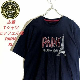 古着 Tシャツ PARIS プリント 刺繍 パリ フランス  ネイビー(Tシャツ/カットソー(半袖/袖なし))