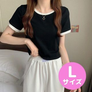 人気！レディースTシャツ ブラック L　半袖　Tシャツ　リンガー　韓国(Tシャツ(半袖/袖なし))