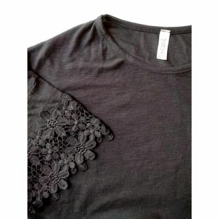 OZ 韓国 レース付Tシャツ ブラック Fサイズ(Tシャツ(半袖/袖なし))