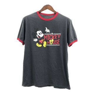 ディズニー(Disney)のDisney ディズニー ミッキーマウス リンガー 半袖Ｔシャツ キャラクター グレー (メンズ XL) 中古 古着 Q6076(Tシャツ/カットソー(半袖/袖なし))