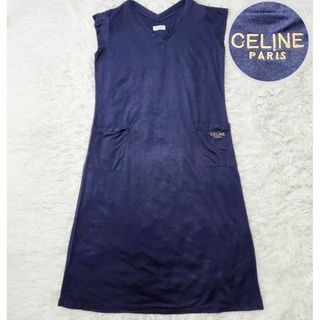 celine - 【美品・刺繍ロゴ】セリーヌ ワンピース M ロング Vネック 伸縮性 春夏 紺色