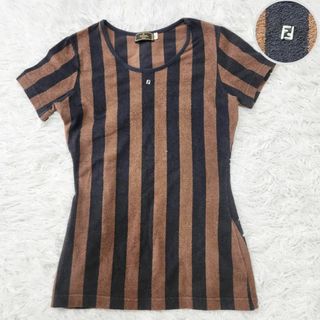 フェンディ(FENDI)の【美品・伸縮性】フェンディ Tシャツ ペカン柄 L FF金具 レディース 茶(Tシャツ(半袖/袖なし))