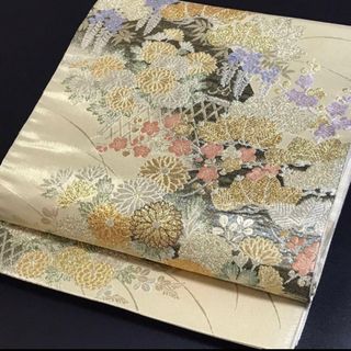 ［9456］袋帯 美品 菊草花文 唐織 金銀糸 六通 正絹 着物 金(帯)