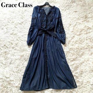 グレースコンチネンタル(GRACE CONTINENTAL)の極美品✨グレースクラス ロングワンピース 花柄 刺繍 リボン ベルト デニム(ロングワンピース/マキシワンピース)