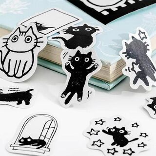 45枚 シール 猫 黒猫 ネコ 可愛い アンティーク コラージュ 1106(その他)