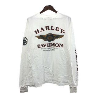 ハーレーダビッドソン(Harley Davidson)のHARLEY DAVIDSON ハーレーダビッドソン 長袖Ｔシャツ 大きいサイズ バイクウェア 袖プリント ロゴ ホワイト (メンズ 2XL) 中古 古着 Q6127(Tシャツ/カットソー(七分/長袖))