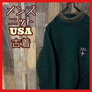 メンズ セーター ワッペン グリーン L ニット USA古着 90s 長袖(ニット/セーター)