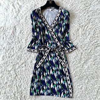 ダイアンフォンファステンバーグ(DIANE von FURSTENBERG)のダイアンフォンファステンバーグ　ラップワンピース　カシュクール　総柄　青　2(ひざ丈ワンピース)