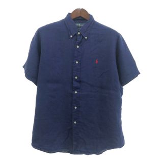 RALPH LAUREN ラルフローレン ボタンダウン リネン 半袖シャツ ワンポイント ブルー (メンズ XL) 中古 古着 Q6137(シャツ)