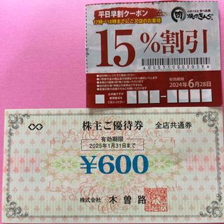 木曽路　株主優待券　660円分　焼肉きんぐ　平日早割クーポン(レストラン/食事券)