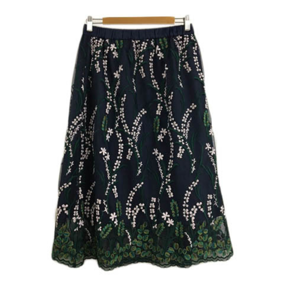 ドゥクラッセ スカート フレア ロング 花柄 ウエストゴム 刺繍 11 紺 レディースのスカート(ロングスカート)の商品写真