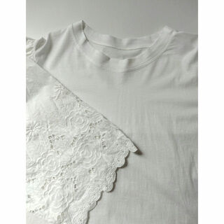 AMY 韓国  刺繍レース袖 7分丈シャツ 白 Fサイズ(Tシャツ(半袖/袖なし))