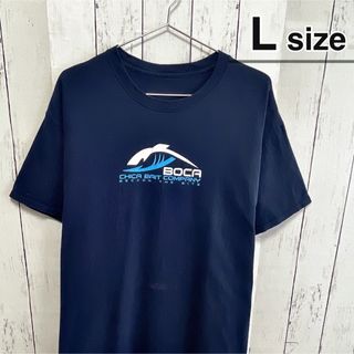 USA古着　Tシャツ　L　ネイビー　プリント　企業ロゴ　コットン　クルーネック(Tシャツ/カットソー(半袖/袖なし))