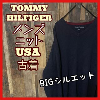 トミーヒルフィガー(TOMMY HILFIGER)のトミーヒルフィガー メンズ セーター XL ネイビー ニット 古着 90s 長袖(ニット/セーター)