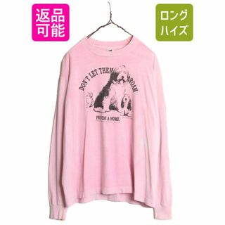 80s 90s USA製 アニマル イラスト プリント 長袖 Tシャツ メンズ XL 80年代 90年代 シングルステッチ ロンT ドッグ ネコ メッセージ 企業物(Tシャツ/カットソー(七分/長袖))