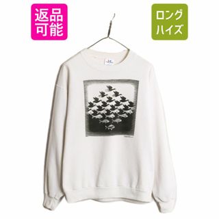 80s USA製 ★ エッシャー アート イラスト プリント スウェット メンズ L / 80年代 ヴィンテージ Escher オフィシャル 当時物 だまし絵 白(スウェット)