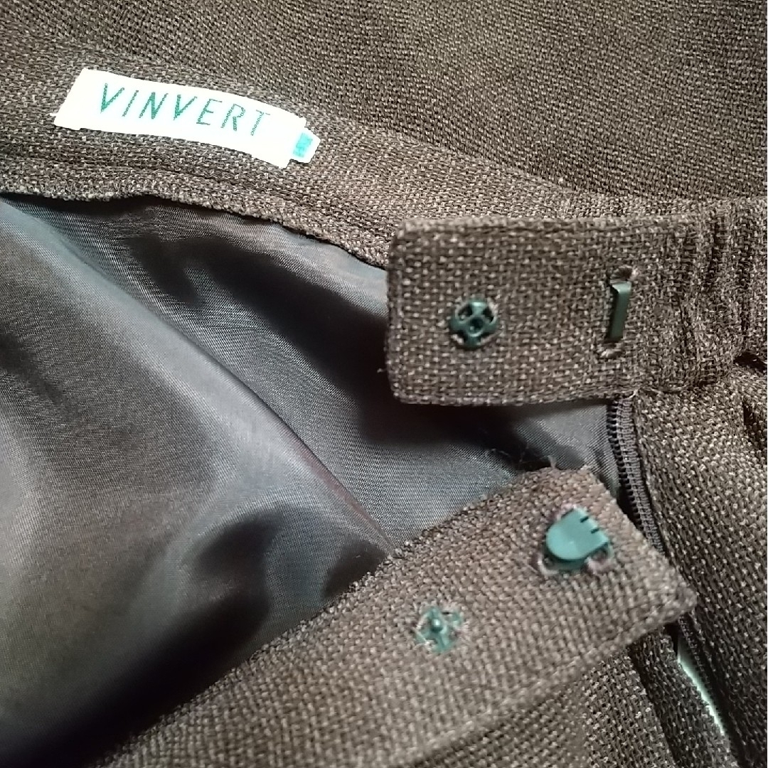 バンベール セットアップ ジャケット スカート スーツ 麻風 茶 レトロ 半袖 レディースのフォーマル/ドレス(スーツ)の商品写真