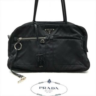 プラダ(PRADA)の良品 PRADA プラダ 三角ロゴ フロントジップ テスート ナイロン トート ショルダー バッグ ブラック a3595(ショルダーバッグ)