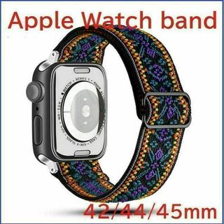 Apple Watch バンド エスニック柄 42/44/45mm 緑/紫系(ラバーベルト)