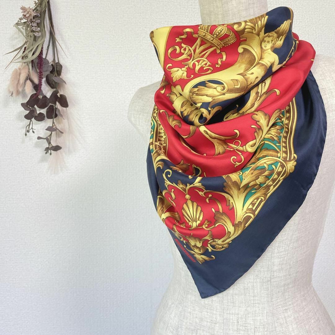 大判スカーフ スカーフ シルク 絹 ネイビー レッド グリーン ヨーロピアン柄 レディースのファッション小物(バンダナ/スカーフ)の商品写真