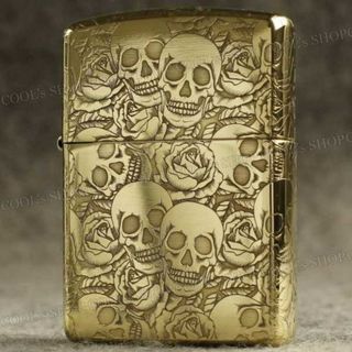 髑髏 薔薇 四面総彫り オイルライター ZORRO ゴールド zippo 金(タバコグッズ)