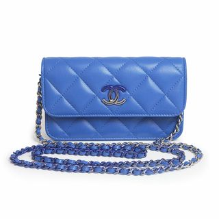 シャネル(CHANEL)のシャネル フラップ フォーン ケース チェーン ショルダーバッグ 斜め掛け ラムスキン レザー ブルー 青 シルバー金具 AP3696 箱付 CHANEL（新品・未使用品）(ショルダーバッグ)