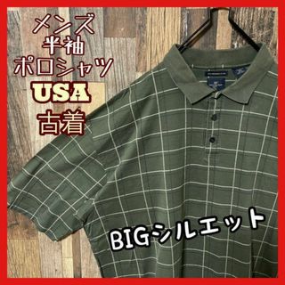 グリーン 2XL チェック メンズ ロゴ ゆるダボ USA古着 半袖 ポロシャツ(ポロシャツ)