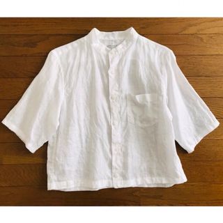 MUJI (無印良品) - 無印良品 リネンノーカラーブラウス麻100%【メンズシャツをリフォーム】