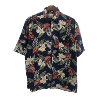 BILL BLASS 総柄 花柄 シルクシャツ 大きいサイズ ネイビー (メンズ 2XL) 中古 古着 Q6168(シャツ)