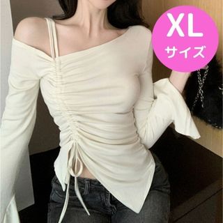 【再販】アシンメトリー　XL　オフショルダー　シースルー　長袖　韓国　春　着回し(カットソー(長袖/七分))