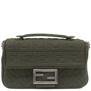 フェンディ(FENDI)のフェンディ FENDI ショルダーバッグ バゲット チェーン ミディ キャンバス レザー カーキ シルバー金具 緑  8BR793 【保存袋】【中古】(ショルダーバッグ)