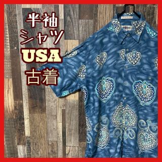 柄シャツ 総柄 ネイビー M メンズ シャツ USA古着 90s 半袖(シャツ)