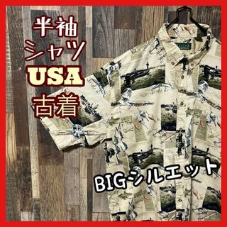 ボタンダウン メンズ 総柄 柄シャツ 2XL ベージュ シャツ USA古着 半袖(シャツ)