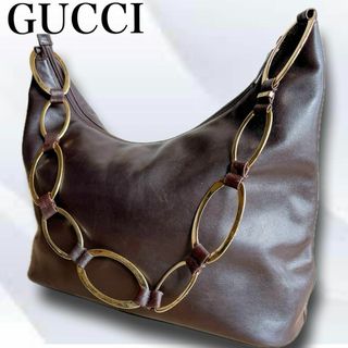 グッチ(Gucci)のグッチ ショルダーバッグ ゴールドリング バケット レザー シボ 濃ブラウン(ショルダーバッグ)