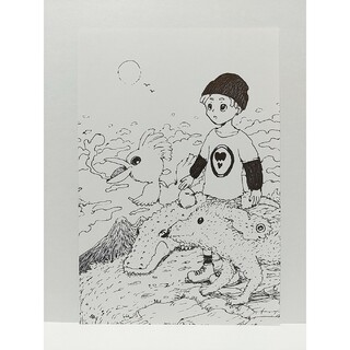 オリジナルイラスト 手描きイラスト 空 少年 動物 ハンドメイド 絵 原画 白黒(アート/写真)