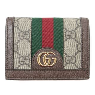 グッチ(Gucci)の美品 GUCCI グッチ 財布 ウォレット GGパターン ブラウン ベージュ ミニ 二つ折り スナップボタン シグネチャー ウェブ ストライプ レザー ハイブランド ラグジュアリー(財布)