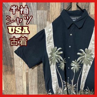 メンズ 総柄 柄シャツ L ブラック 南国 シャツ USA古着 90s 半袖(シャツ)