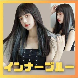 【ブラック×ブルー】ウイッグ コスプレ 小顔効果 ロングヘアー イメチェン(ロングストレート)