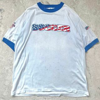 【90s USA製】リンガーネック Lサイズロゴプリント Tシャツ 水色青 古着(Tシャツ/カットソー(半袖/袖なし))