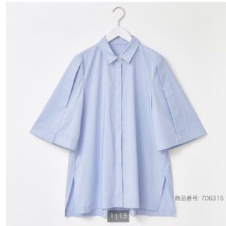 プラステ(PLST)のPLST コットンブレンドスリットスリーブシャツ半袖　水色ストライプ　Sサイズ(Tシャツ/カットソー(半袖/袖なし))