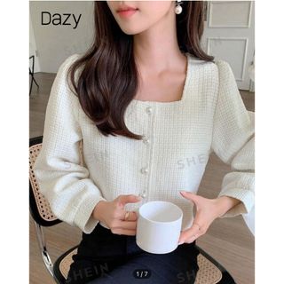 SHEIN - SHEIN Dazy スクエアネック ソリッド シャツ レディース ボタン前