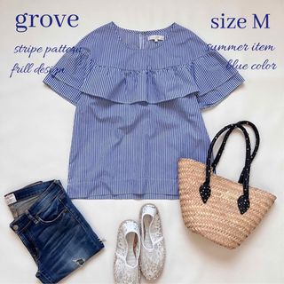 グローブ(grove)の◆極美品◆grove◆ストライプ半袖ブラウス◆白×青◆フリル◆綿混◆春夏◆M(Tシャツ/カットソー(半袖/袖なし))