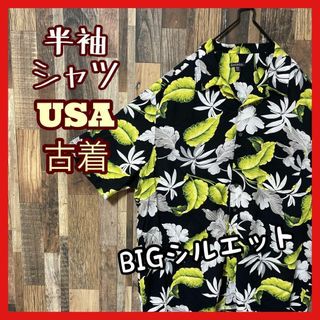 アロハ メンズ 柄シャツ 総柄 ブラック 2XL シャツ 古着 90s 半袖(シャツ)