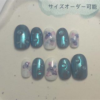 【サイズオーダー無料】梅雨 水滴 紫陽花 ブルー 水色 ネイルチップ