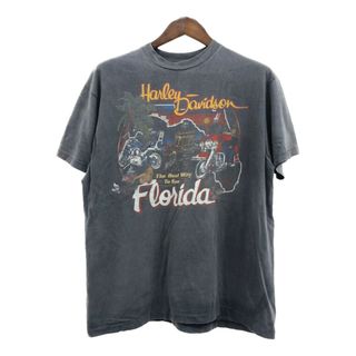 ハーレーダビッドソン(Harley Davidson)の80年代 HARLEY DAVIDSON ハーレーダビッドソン フロリダ 半袖Ｔシャツ バイク ブラック (メンズ L相当) 中古 古着 Q6222(Tシャツ/カットソー(半袖/袖なし))