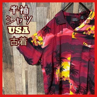 柄シャツ メンズ レッド M 総柄 アロハシャツ USA古着 90s 半袖(シャツ)