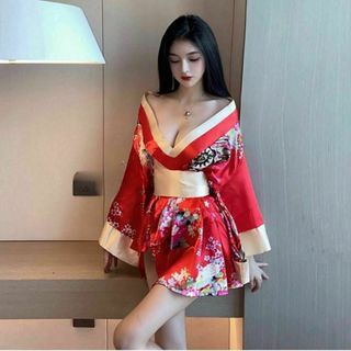 和風　和装　コスプレ　セクシー　花魁　着物風　浴衣　赤　レッド 和服 セクシー(衣装一式)